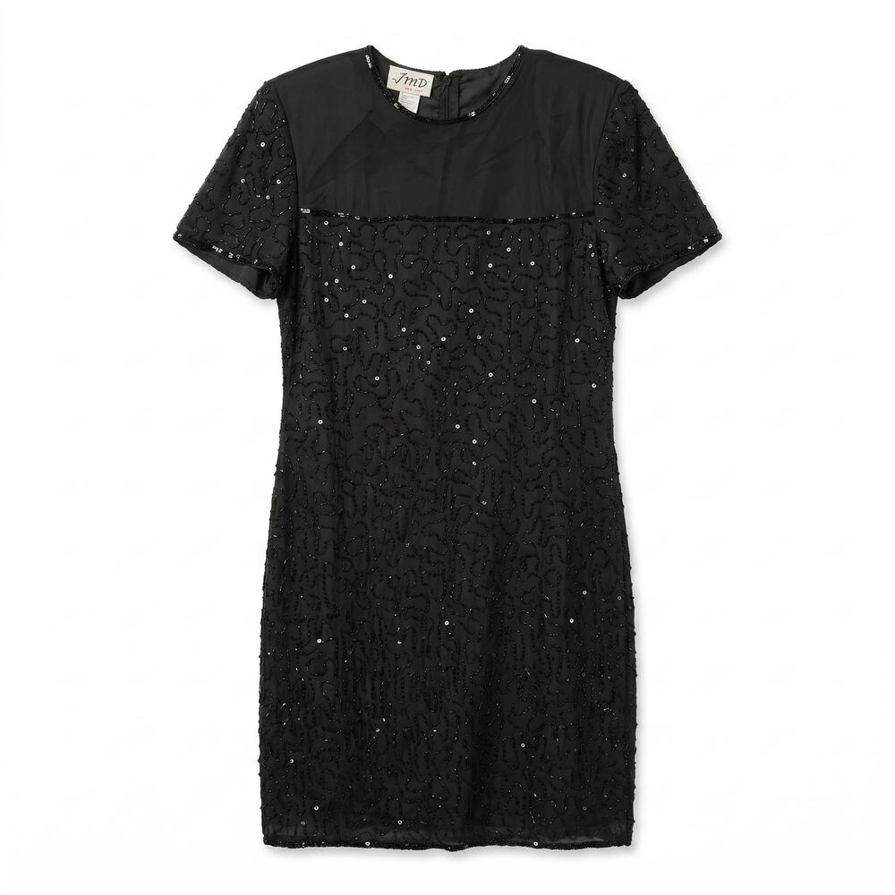 Embellished Cocktail Evening Dress JMD New York Black Beaded Midi Dress Sz L